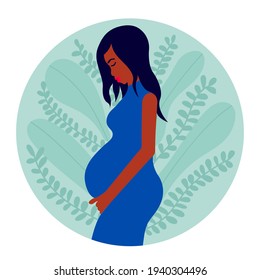 Pregnant black woman flat illustration. Pregnancy illustration. Pregnant woman holds her belly.