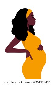 Pregnant black woman with her tummy. Realistic female portrait - beautiful face, long hair, african-american ethnicity. Beauty dressed in yellow clothes touching the belly. Side view. Perfect vector.