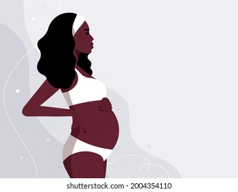 Pregnant black woman with her tummy. Realistic female portrait - beautiful face, long hair, african-american ethnicity. Beauty dressed in white underwear, touching the belly. Side view. Perfect vector