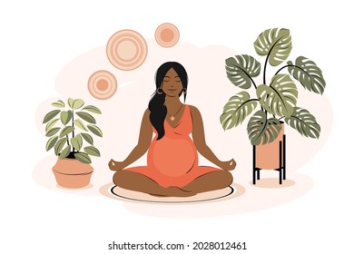 Pregnant  black woman meditates in her room or apartment. Concept yoga, meditation, relax, health, pregnancy, motherhood. Flat vector illustration.