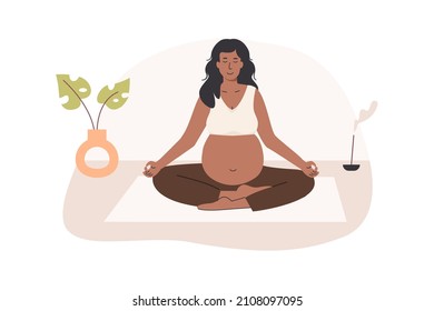 Pregnant black woman meditating at home. Prenatal yoga. Dark skin mom sitting with legs crossed practicing meditation. Relaxing exercise during pregnancy. Mother with belly. Flat vector illustration.