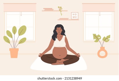 Pregnant black woman meditating at home. Prenatal yoga. African american female crossed legs sitting practicing meditation in room apartment. Relaxing exercise during pregnancy. Vector illustration.