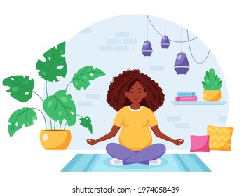 Pregnant black woman meditating in lotus pose in cozy interior. Pregnancy health concept. Vector illustration