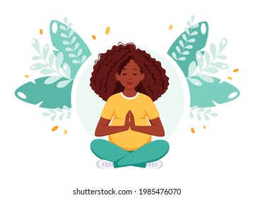 Pregnant black woman meditating in lotus pose. Pregnancy health concept. Vector illustration