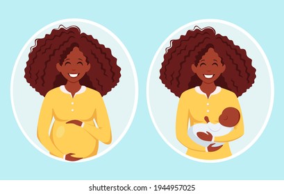 Pregnant black woman. Black woman with newborn. Pregnancy, motherhood. Vector illustration.