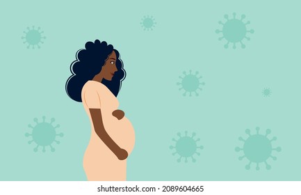 Pregnant black woman not wearing face mask with virus background
