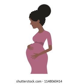 Pregnant black woman in pink dress isolated on a white background. Vector illustration.