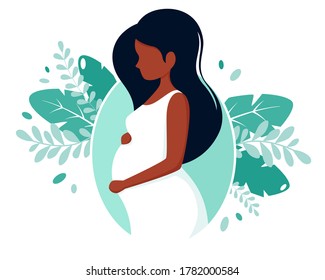 Pregnant black woman. Pregnancy, motherhood concept. Vector illustration in flat style.