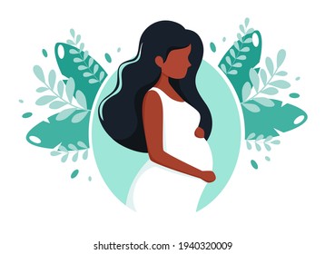 Pregnant black woman. Pregnancy, motherhood concept. Vector illustration.