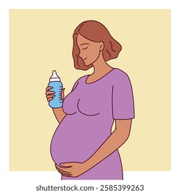 A pregnant Black woman with short curly hair wears a purple dress, holding her belly with one hand and a baby bottle in the other. The background is yellow.