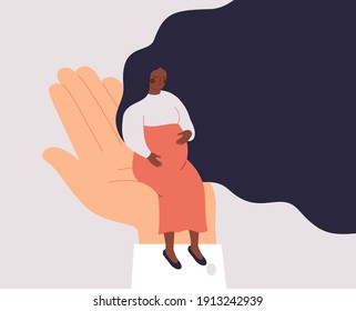 A pregnant black woman sits on a big doctor's hand. Prenatal medical care and check-up. Psychological and medical vector concept