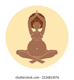 Pregnant black woman sitting down in lotus pose meditating. Pregnancy icon image in minimalisic style. Vector illustration