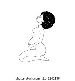 Pregnant black woman sitting down holding her belly. Black and white lineart drawing. Vector illustration