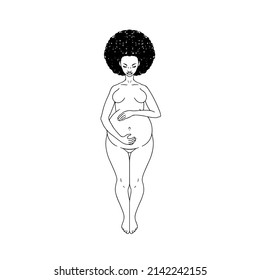 Pregnant black woman standing holding her belly. Black and white lineart drawing. Vector illustration