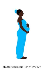 Pregnant black woman standing side view, hands on belly. African american Mother expecting baby. Future mom. Pregnancy, motherhood concept. Flat vector illustration isolated on white background.