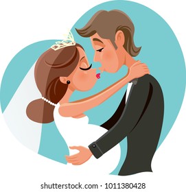 Pregnant Bride Kissing Groom Vector Cartoon. Expecting couple illustration celebrating marriage invitation card
