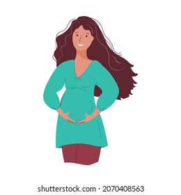 Pregnant brunette woman with long hair rejoices.
