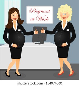 Pregnant business woman at work in the office, smiling and happy shows okay sign