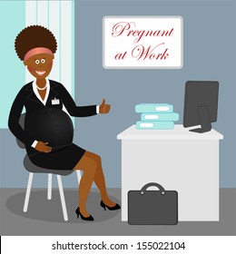 Pregnant business woman at work in the office, smiling and happy shows okay sign