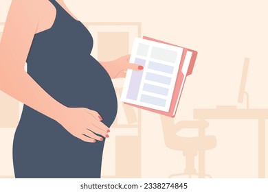 pregnant businesswoman at the office; finishing work before maternity leave- vector illustration