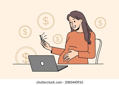 Pregnant businesswoman work online on laptop multitask with smartphone on maternity leave. Female employee future mom trade on internet earning money on web. Vector illustration.