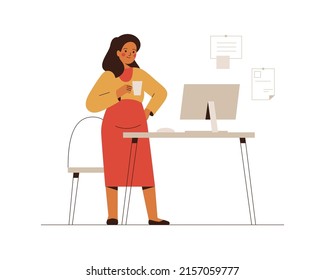 Pregnant businesswoman works from office or home. Young mother entrepreneur holds coffee and uses a computer for planning or online meeting. Professional ocupation during materinity. Vector illustrati