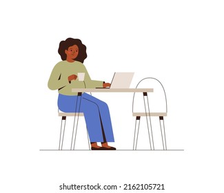 Pregnant businesswoman works from office or home. Young mother freelancer drinks coffee and uses laptop for planning or online meeting. Professional occupation during maternity. Vector illustration