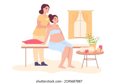 Pregnant Cartoon Woman Getting Massage. Prenatal Massage Therapy Or Treatment, Adult Character Relaxing Flat Vector Illustration. Pregnancy, Spa Salon Concept For Banner, Website Design, Landing