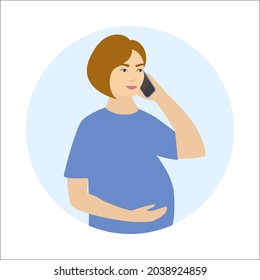 Pregnant caucasian woman call by cellular phone touching her tummy. Vector illustration of people using mobile smartphone