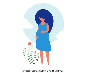 Pregnant caucasian woman holding her hand on belly with love, isolated vector symbol