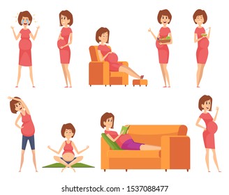 Pregnant characters. Healthy happy woman eating sleeping sporting active working pregnancy female lifestyle vector cartoon