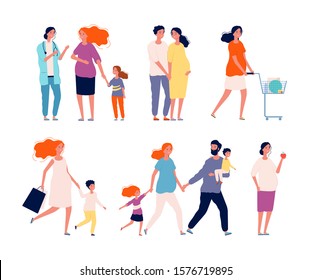 Pregnant characters. Woman happy mother couple healthy baby family doctor consulting pregnancy parents vector pictures collection