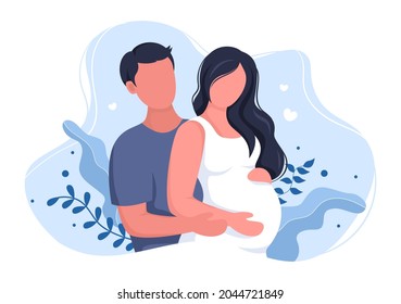 Pregnant Couple Background Vector Illustration with A Husband Takes Care and Hugs His Wife or Mother While Waiting for Birth in Flat Design Style