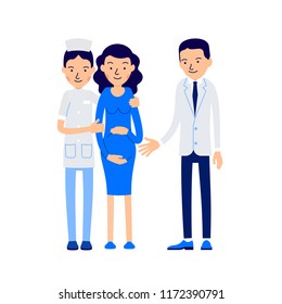 Pregnant couple and doctor. Female doctor hugs pregnant patient. Next to them is husband pregnant. llustration of people characters isolated on white background in flat style.
