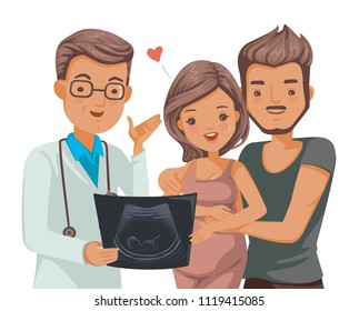 Pregnant couple doctor. Doctor is showing ultrasound to happy young couple. The happy moments in marriage and hope during pregnancy. Vector cartoon illustrations isolated on white background.