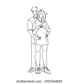 Pregnant Couple Embracing Young Family Black Line Pencil Drawing Vector. Man Embrace Pregnant Woman, Parenthood. Characters Husband And Pregnancy Wife Waiting Baby Standing Together Illustration