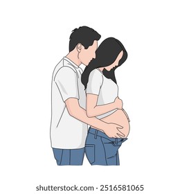 Pregnant couple holding baby bump on white background