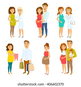 Pregnant couple set. Woman, her husband, doctor, child and man. Health care. Happy families expecting baby. Shopping. Mom and gynecologist