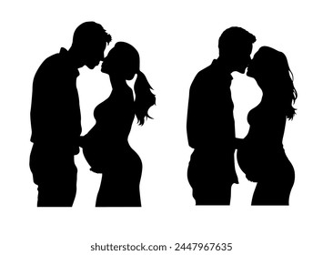 Pregnant Couple Silhouette Pregnant Couple, man kissing pregnant wife silhouette isolated on white