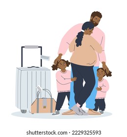 Pregnant couple with two daughters. A family with suitcases says goodbye to their father. Big friendly family. Flat vector illustration. Eps10