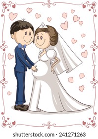 Pregnant Couple Wedding Invitation Vector Cartoon - Vector cartoon of a pregnant bride and a happy groom