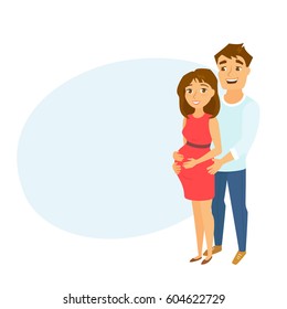 Pregnant couple. Woman and men. Happy family expecting baby. Wife and her husband. Cute vector illustration.