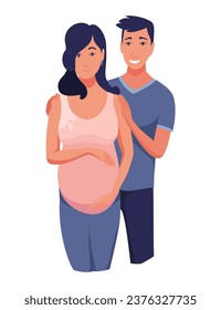 Pregnant couple. Young pregnant woman with husband. Concept illustration for design about pregnancy, motherhood, parenthood. Flat cartoon style, vector illustration