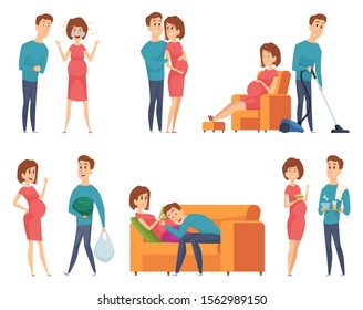 Pregnant couples. Happy young family mother and father husband near happy pregnant wife vector characters