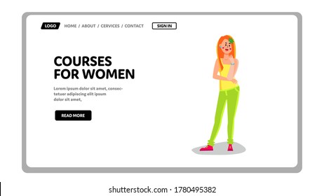 Pregnant Courses For Women Future Mother Vector. Courses For Women, Business Or Internet Educational Program Training. Character Young Redhead Girl Education Web Flat Cartoon Illustration