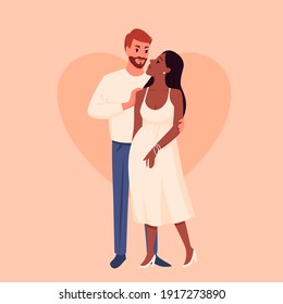Pregnant cute couple people vector illustration. Cartoon different race and culture happy married female male characters standing together, waiting for child, love and healthy pregnancy background