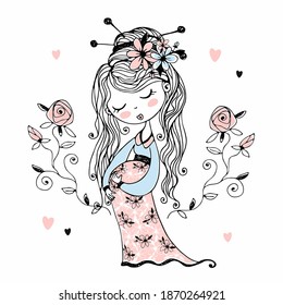 Pregnant cute girl with flowers in her hair. Vector.