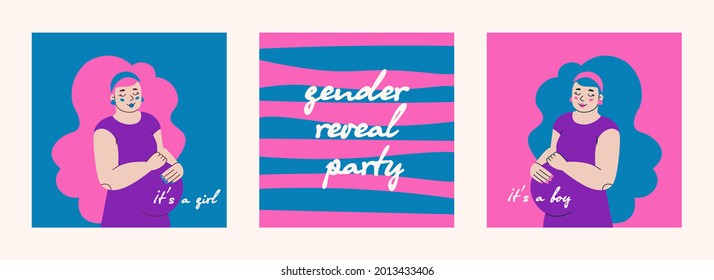 Pregnant cute young woman. Text is a girl and this is a boy. Set of illustration for sticker or greeting card for gender reveal party. Pink and blue.