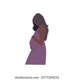 Pregnant dark skin woman, future mom,  concept illustration in cute vector style. Healthcare, pregnancy. Flat vector illustration isolated on white.