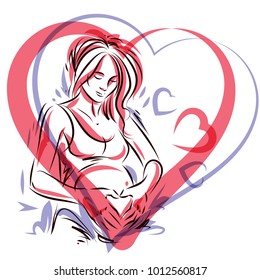 Pregnant elegant woman expects baby, hand-drawn vector illustration composed by heart shape frame. Love and fondle theme. Mothers day.